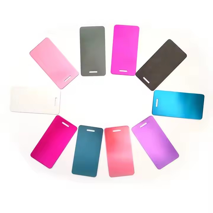 Personalized business card luggage tag made from anodized aluminum