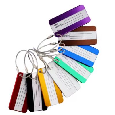 Personalized business card luggage tag made from anodized aluminum