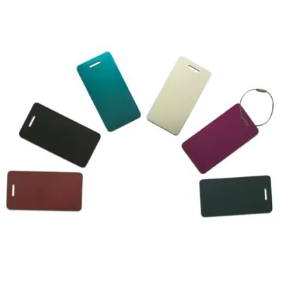 Personalized business card luggage tag made from anodized aluminum