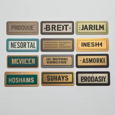 Durable etched anodized aluminum label with engraved text and logo