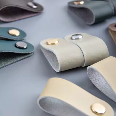 Colorful leather tags with screw-in and rivet holes for DIY crafting