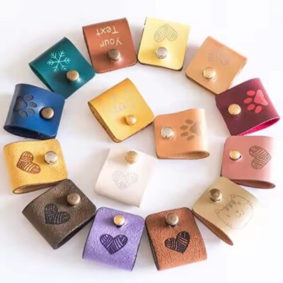 Colorful leather tags with screw-in and rivet holes for DIY crafting