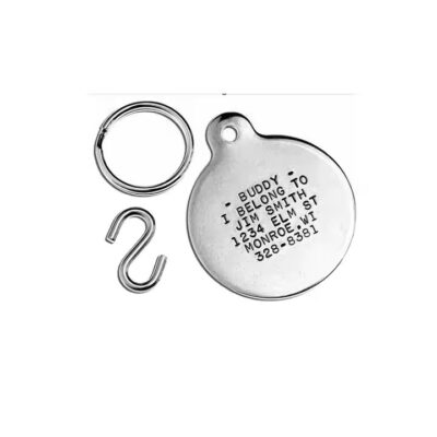 Durable metal badge tag with laser-engraved logo and design