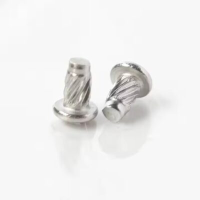 Knurled screw-in rivet metal tags for machinery and asset marking

