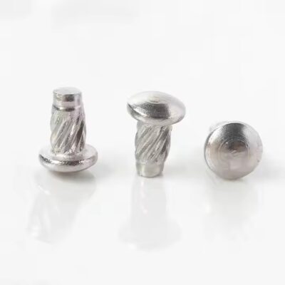 Knurled screw-in rivet metal tags for machinery and asset marking

