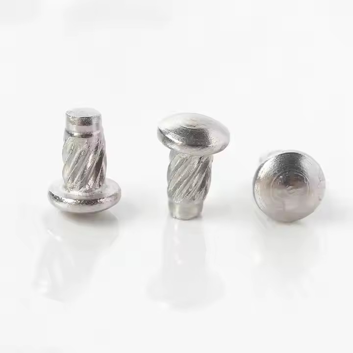 Knurled screw-in rivet metal tags for machinery and asset marking