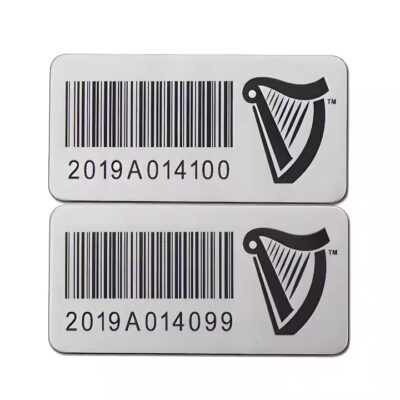 Custom metal asset label with barcode and QR code for equipment tracking