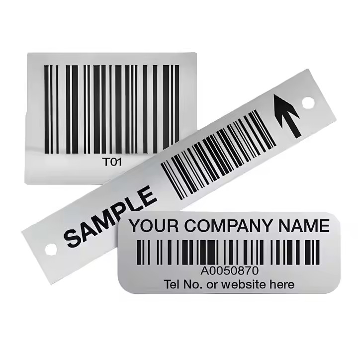 Custom metal asset label with barcode and QR code for equipment tracking