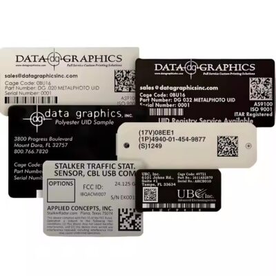 Custom metal asset label with barcode and QR code for equipment tracking
