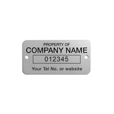 Custom metal asset label with barcode and QR code for equipment tracking