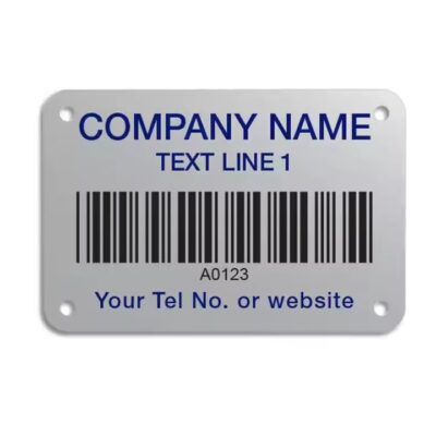 Self-adhesive stainless steel asset tag with QR and barcode