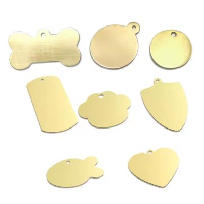 Brass dog tag necklace with copper label close-up