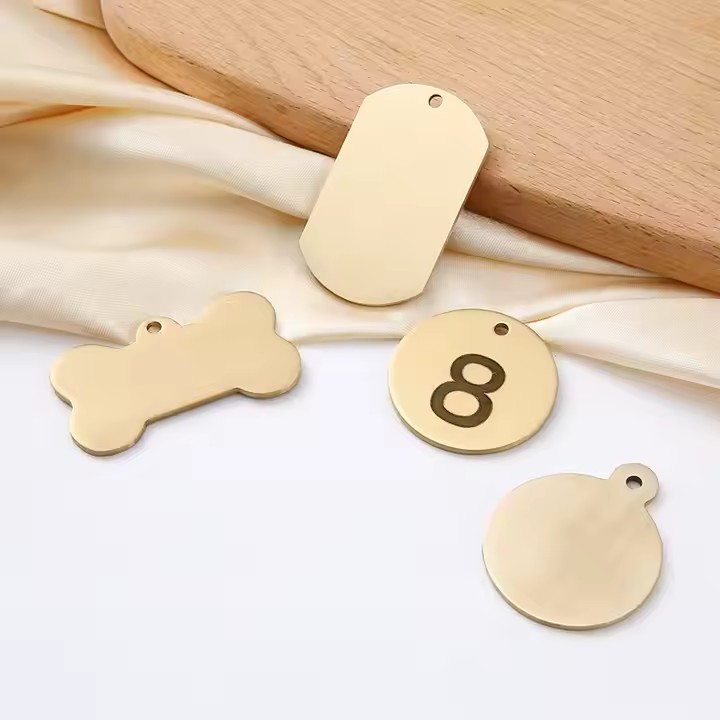 Brass dog tag necklace with copper label close-up
