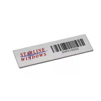 Custom metal asset tag with logo, QR code and barcode