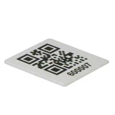 Custom metal asset tag with logo, QR code and barcode