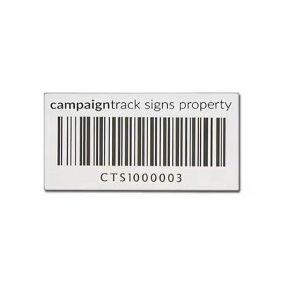 Custom metal asset tag with logo, QR code and barcode
