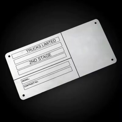 Stainless steel metal tag with pre-drilled holes and printed details