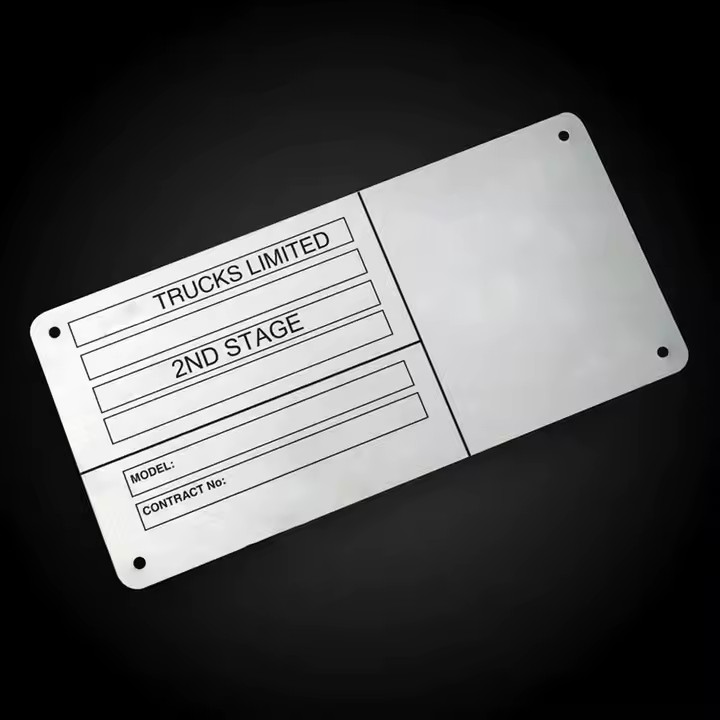 Stainless steel metal tag with pre-drilled holes and printed details