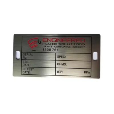 Stainless steel metal tag with pre-drilled holes and printed details