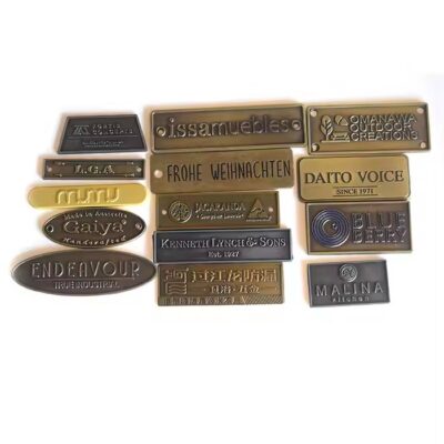 Custom embossed brass furniture logo tag
