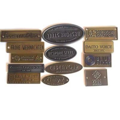 Custom embossed brass furniture logo tag