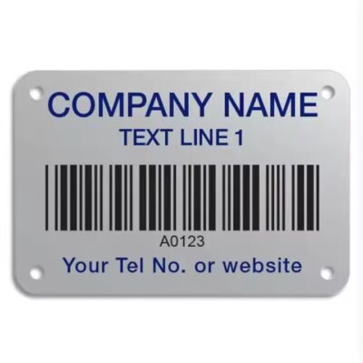 Custom aluminum asset tag with barcode and QR code