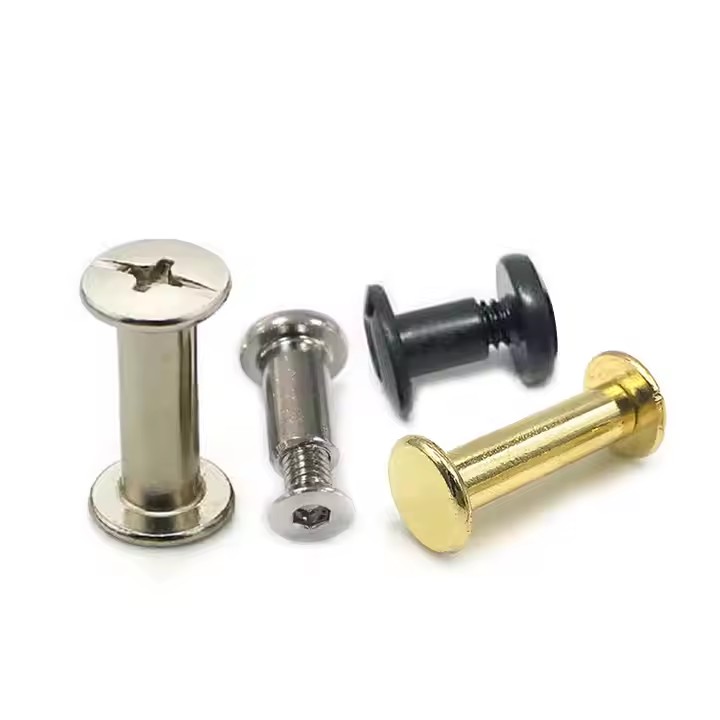 Custom stainless steel screw-in tags with male and female fasteners
