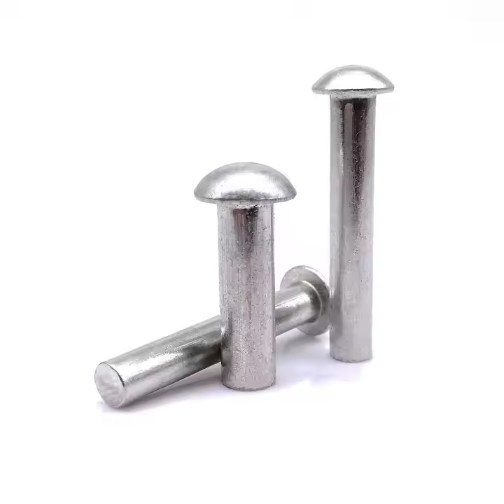 Dome head aluminum screw-in and rivet tags with self-plug design