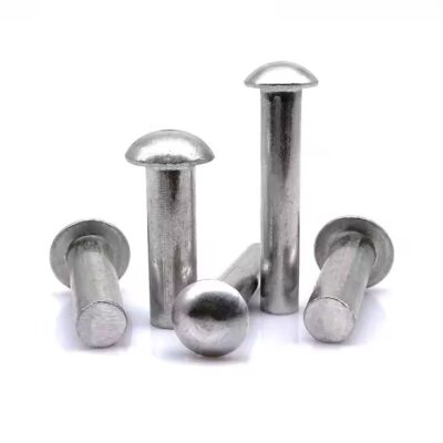 Dome head aluminum screw-in and rivet tags with self-plug design